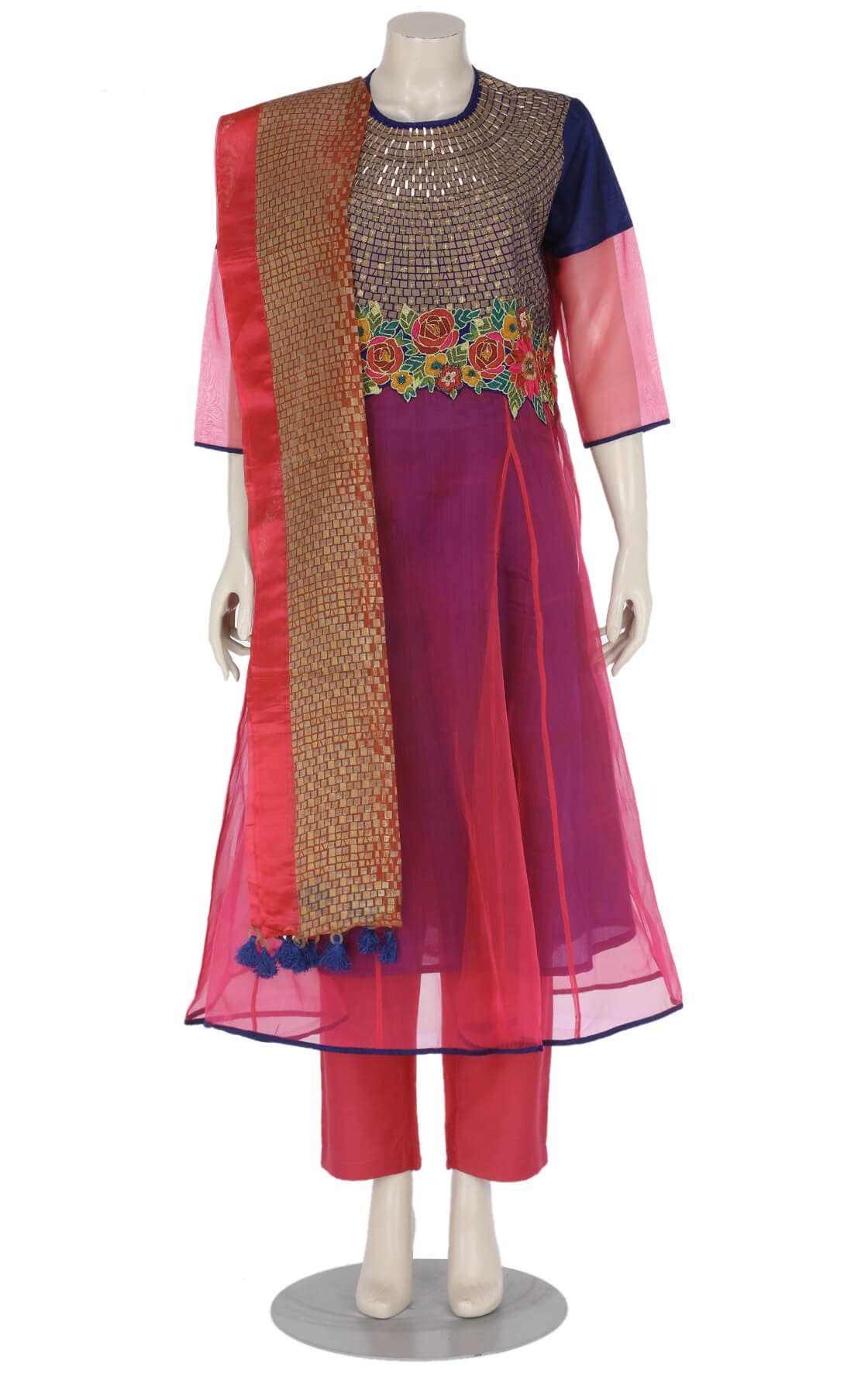 Deep Pink Printed and Erri Embroidered Muslin Shalwar Kameez Set