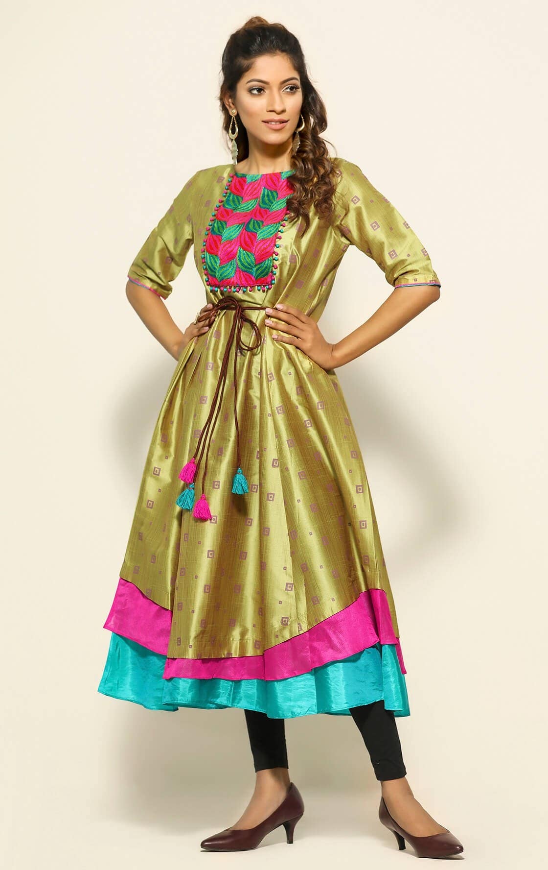 Golden Printed and Embroidered Tussar Silk Kurta