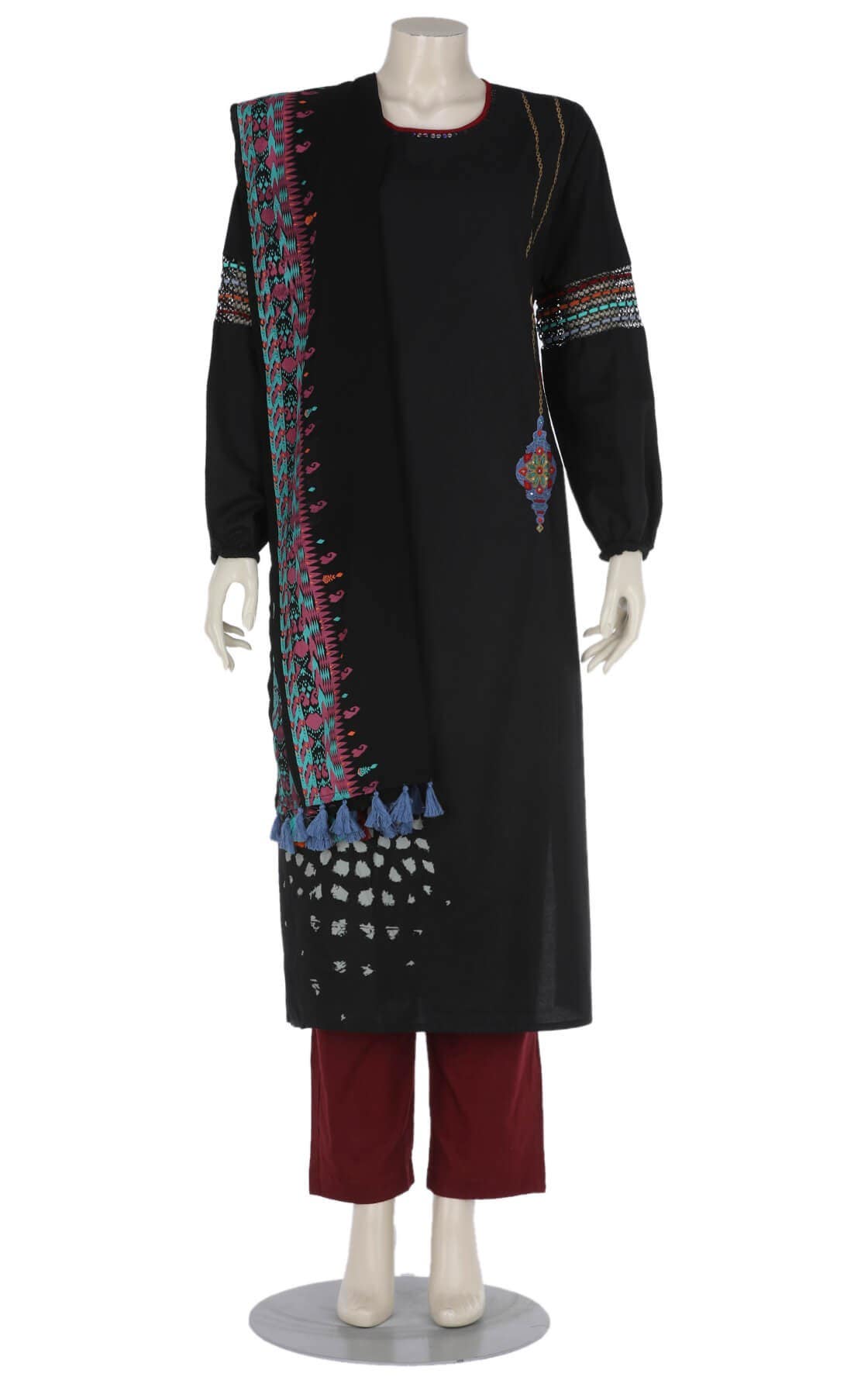 Black Printed and Embroidered Viscose-Cotton Shalwar Kameez Set