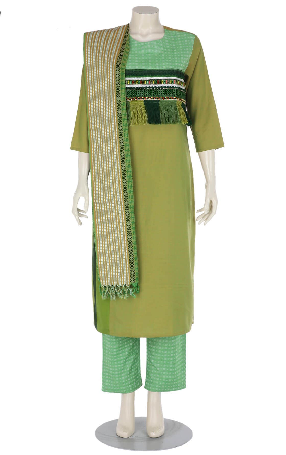 Green Dual Tone Printed and Embroidered Cotton Shalwar Kameez Set
