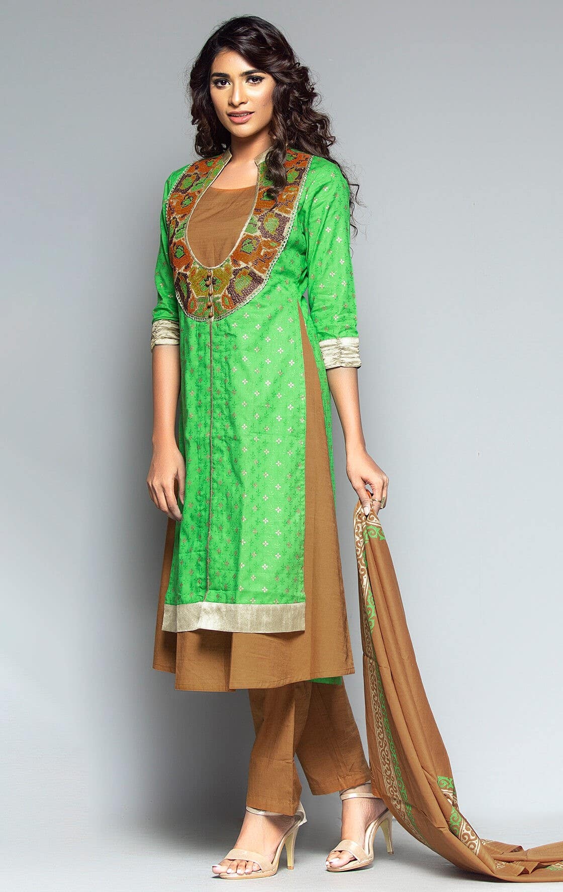 Brown Printed and Embroidered Cotton-Viscose Shalwar Kameez Set