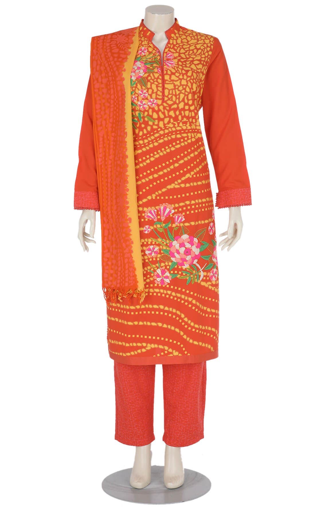 Deep Orange Printed and Embroidered Viscose Shalwar Kameez Set