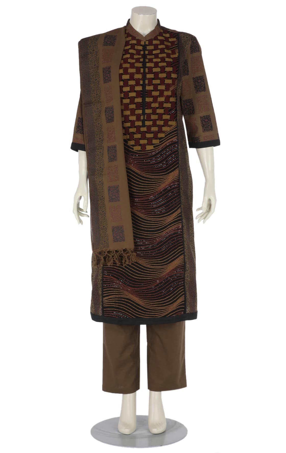 Camel Brown Printed and Appliquéd Viscose-Cotton Shalwar Kameez Set