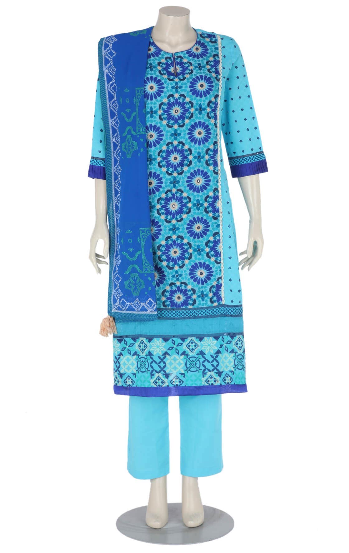 Sky Blue Printed and Embroidered Cotton Shalwar Kameez Set