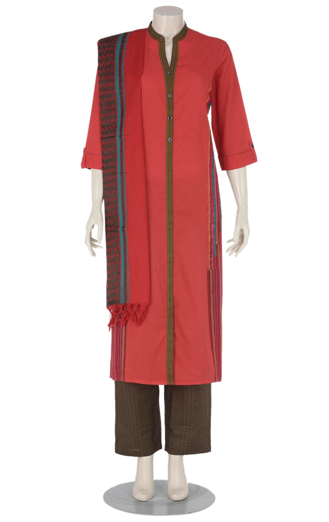 Red Printed and Embroidered Viscose-Cotton Shalwar Kameez Set