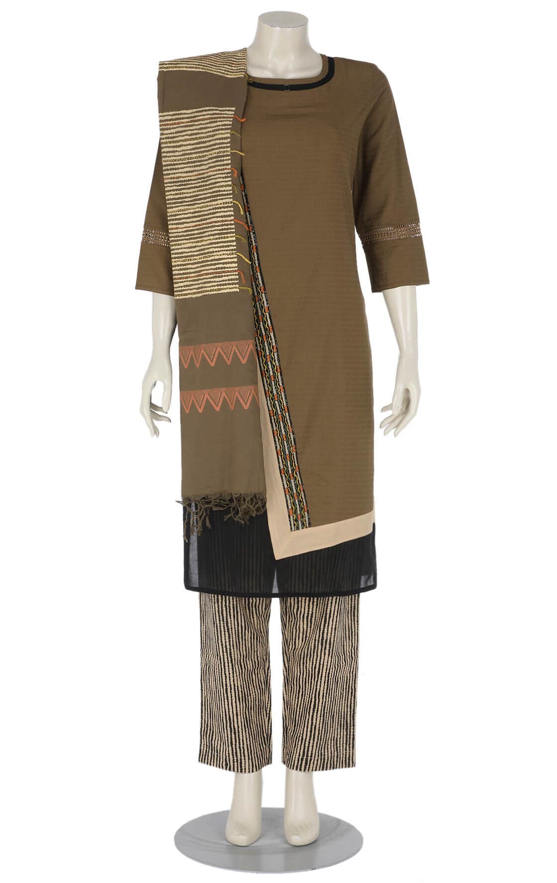 Brown Printed and Embroidered Viscose-Cotton Shalwar Kameez Set