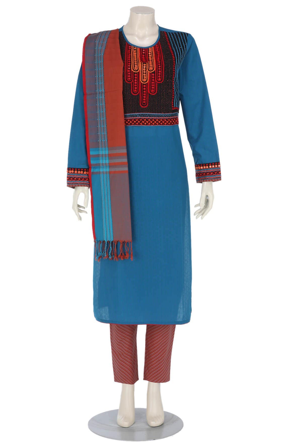 Blue Printed and Embroidered Hand Loomed Cotton Shalwar Kameez Set