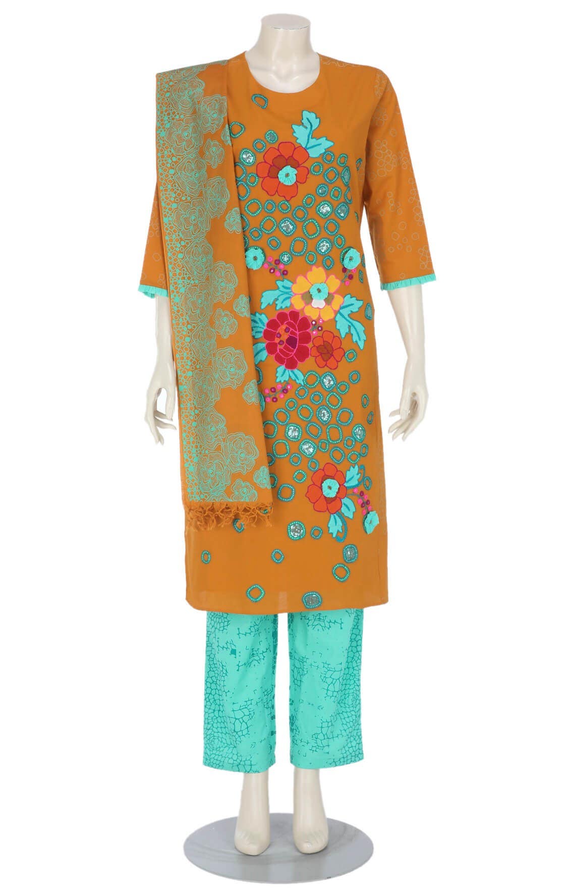 Yellow Chrome Printed and Embroidered Cotton Shalwar Kameez Set