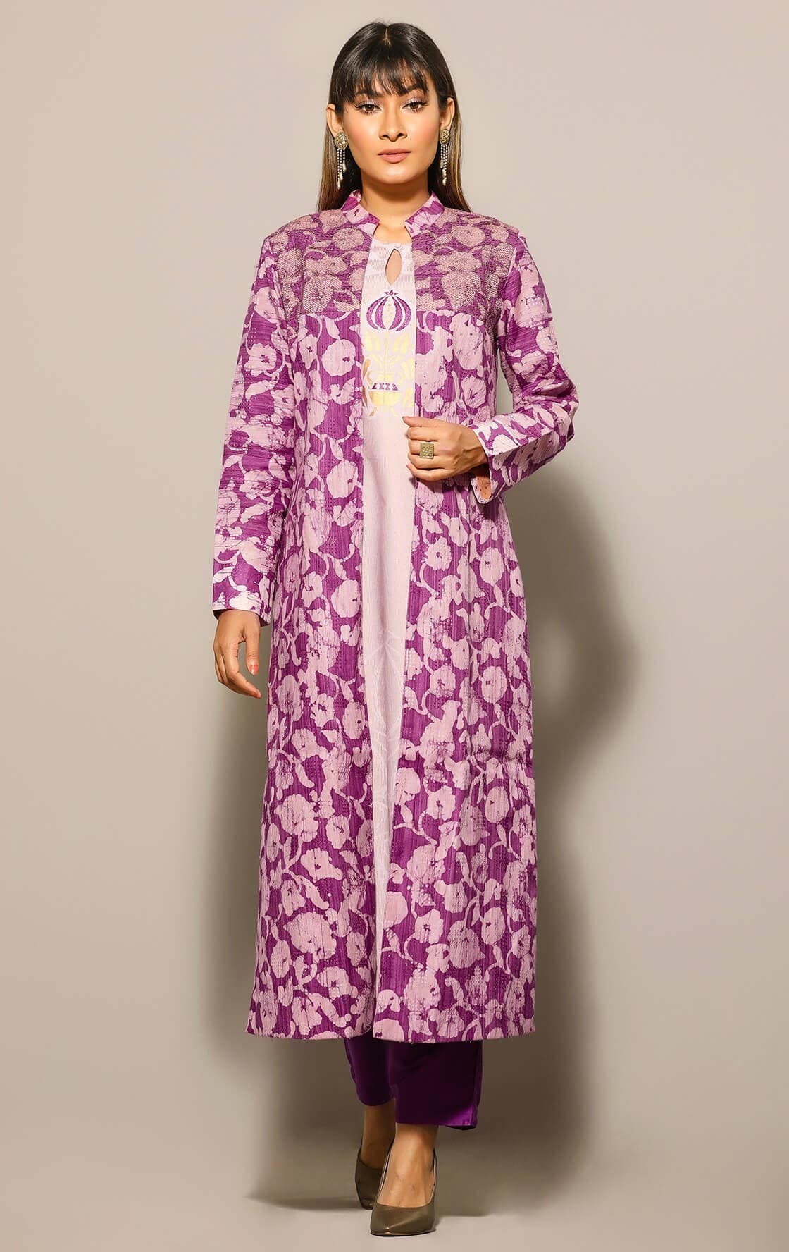 Purple Printed and Embroidered Joysree Silk Shalwar Kameez Coaty Set