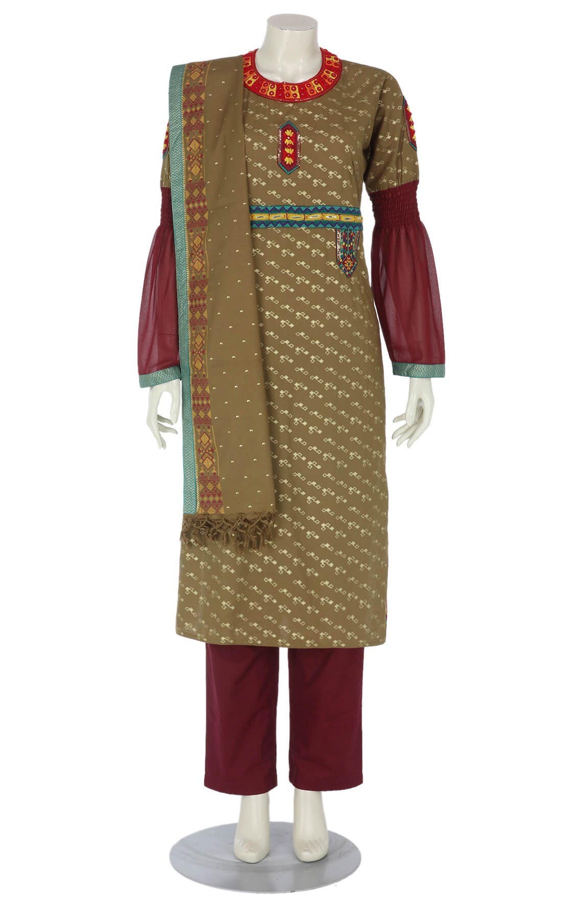 Brown Printed and Embroidered Viscose-Cotton Shalwar Kameez Set