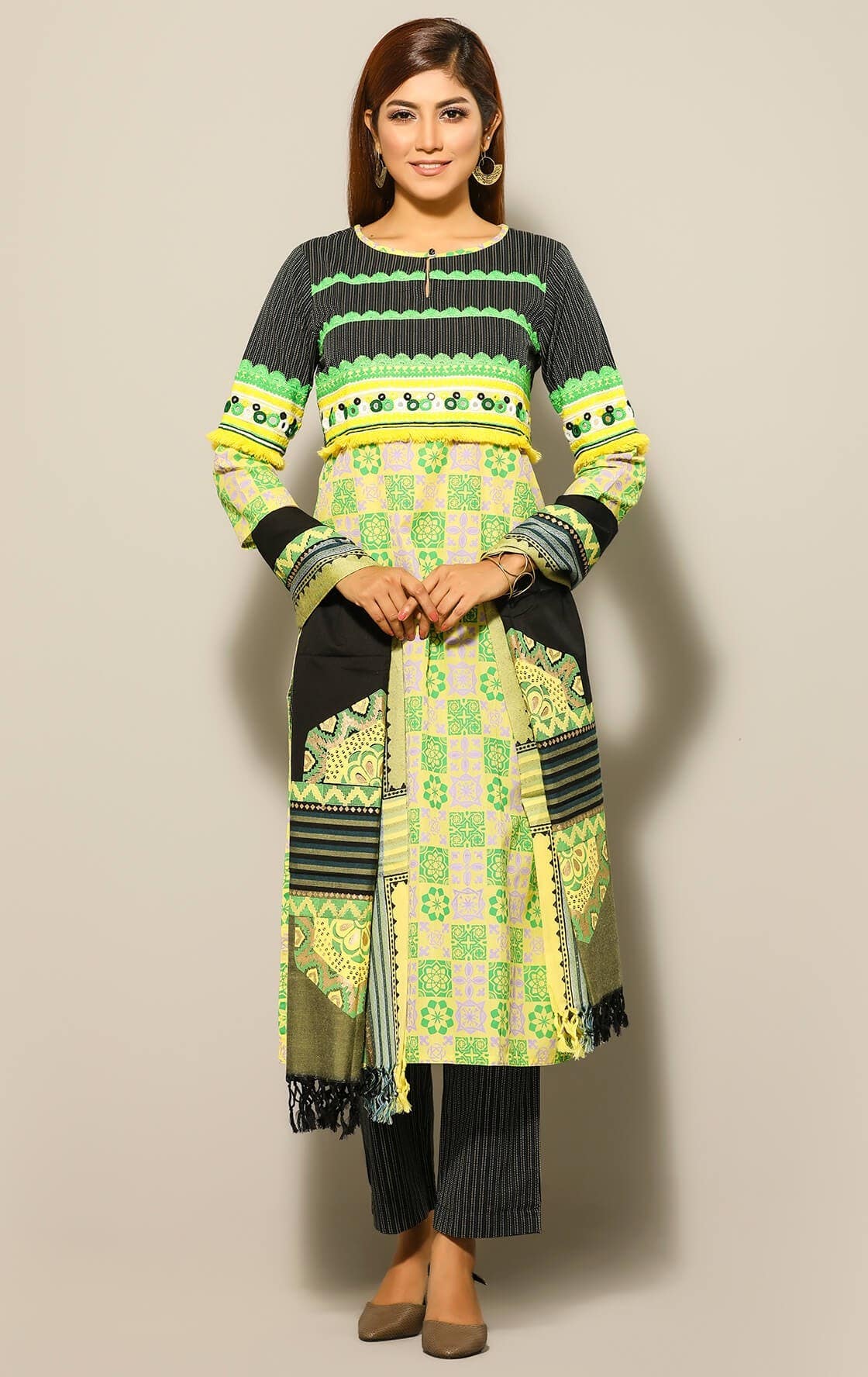 Pastel Yellow Printed and Embroidered Cotton Shalwar Kameez Set