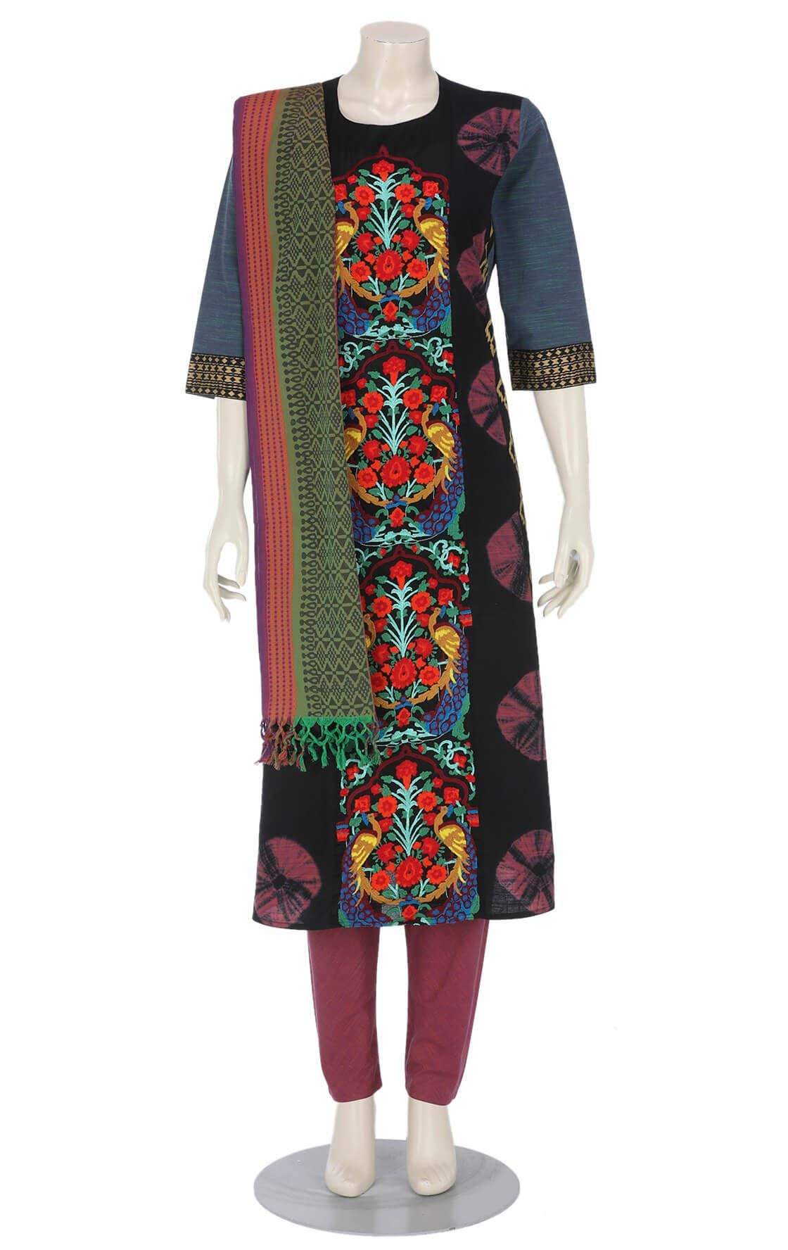 Black Tie-Dyed and Embroidered Cotton Shalwar Kameez Set