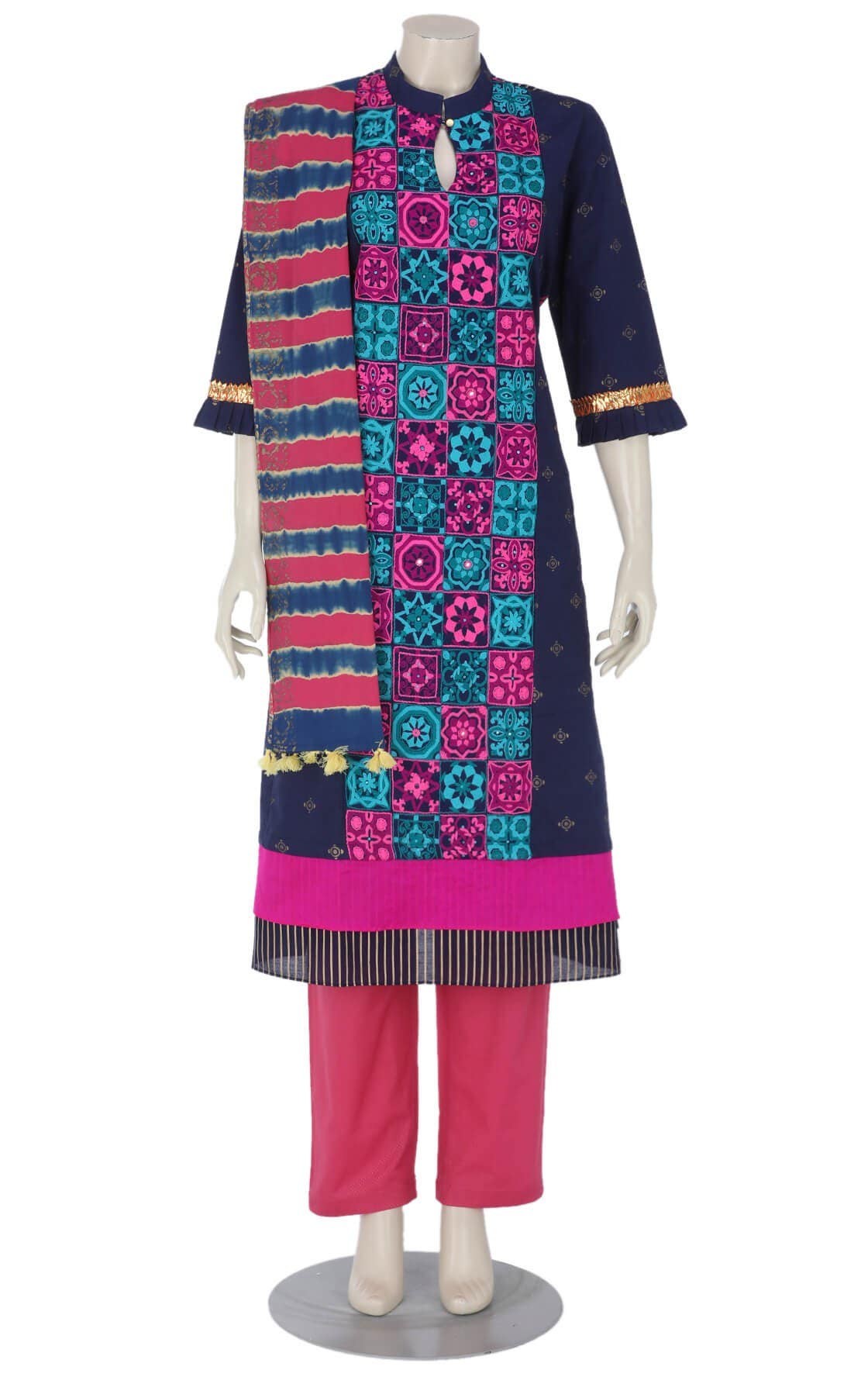 Midnight Blue Printed and Embroidered Viscose-Polyester Shalwar Kameez Set