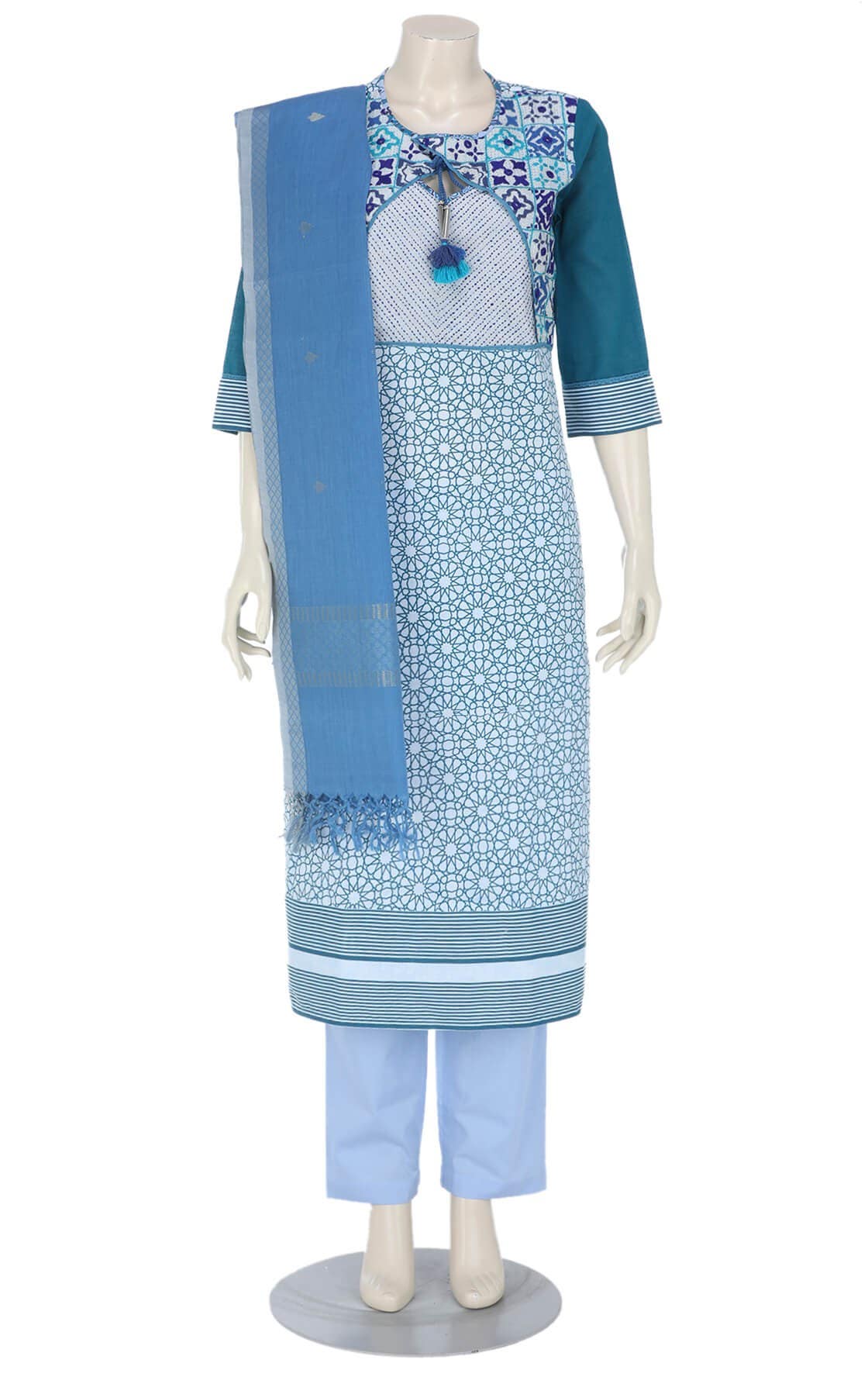 Pastel Blue Printed and Embroidered Cotton Shalwar Kameez Set
