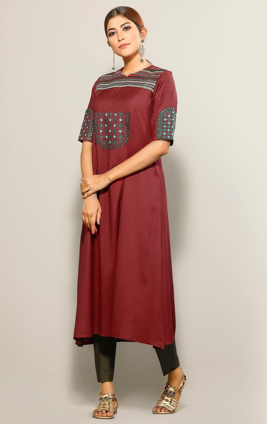 Red Embroidered Viscose Kurta