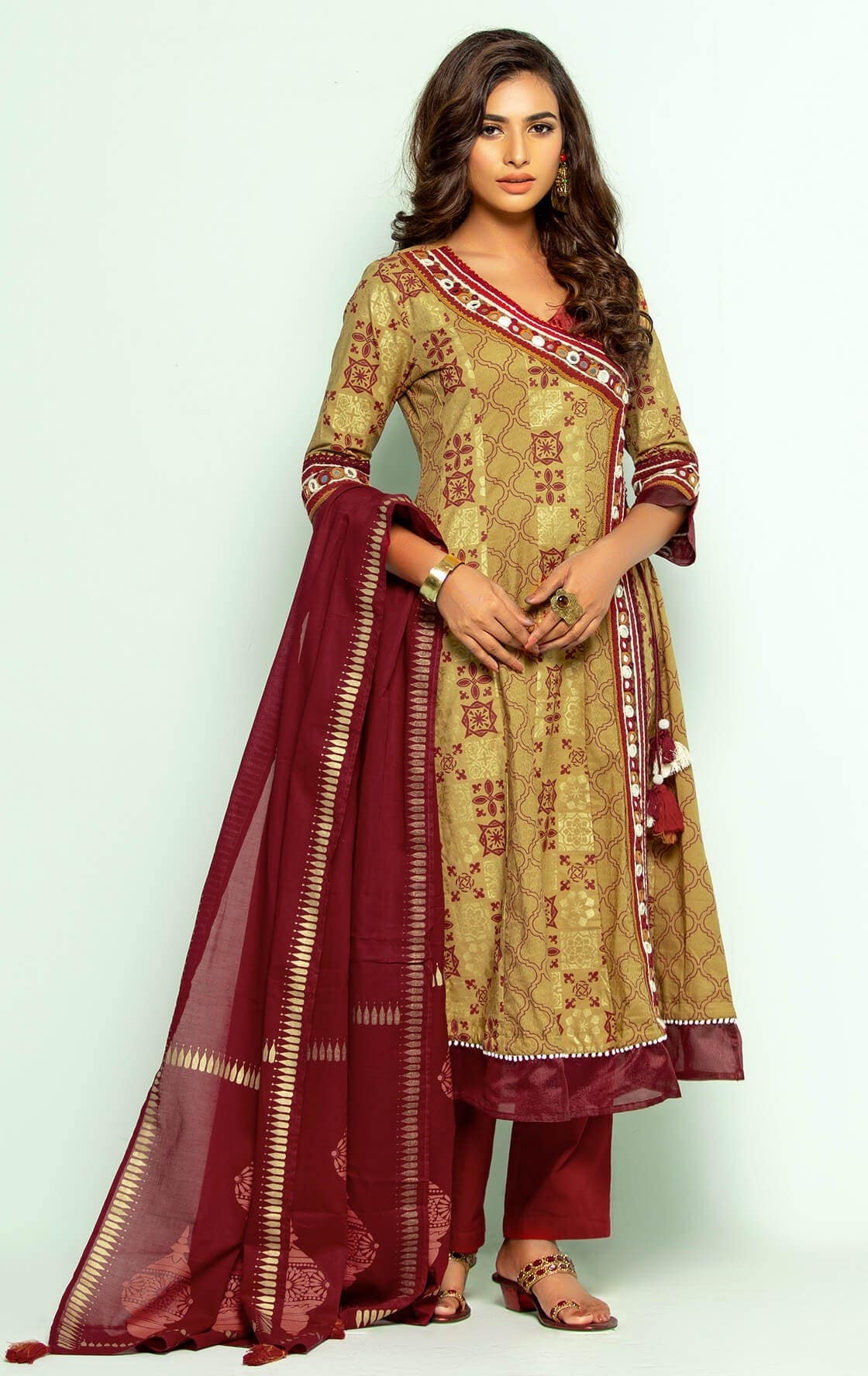 Light Brown Printed and Embroidered Cotton Shalwar Kameez Set