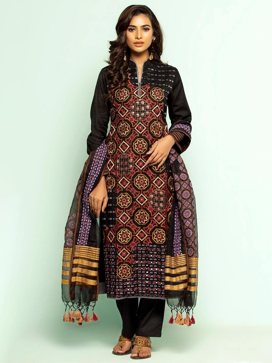 Black Printed and Embroidered Endi Cotton Shalwar Kameez Set