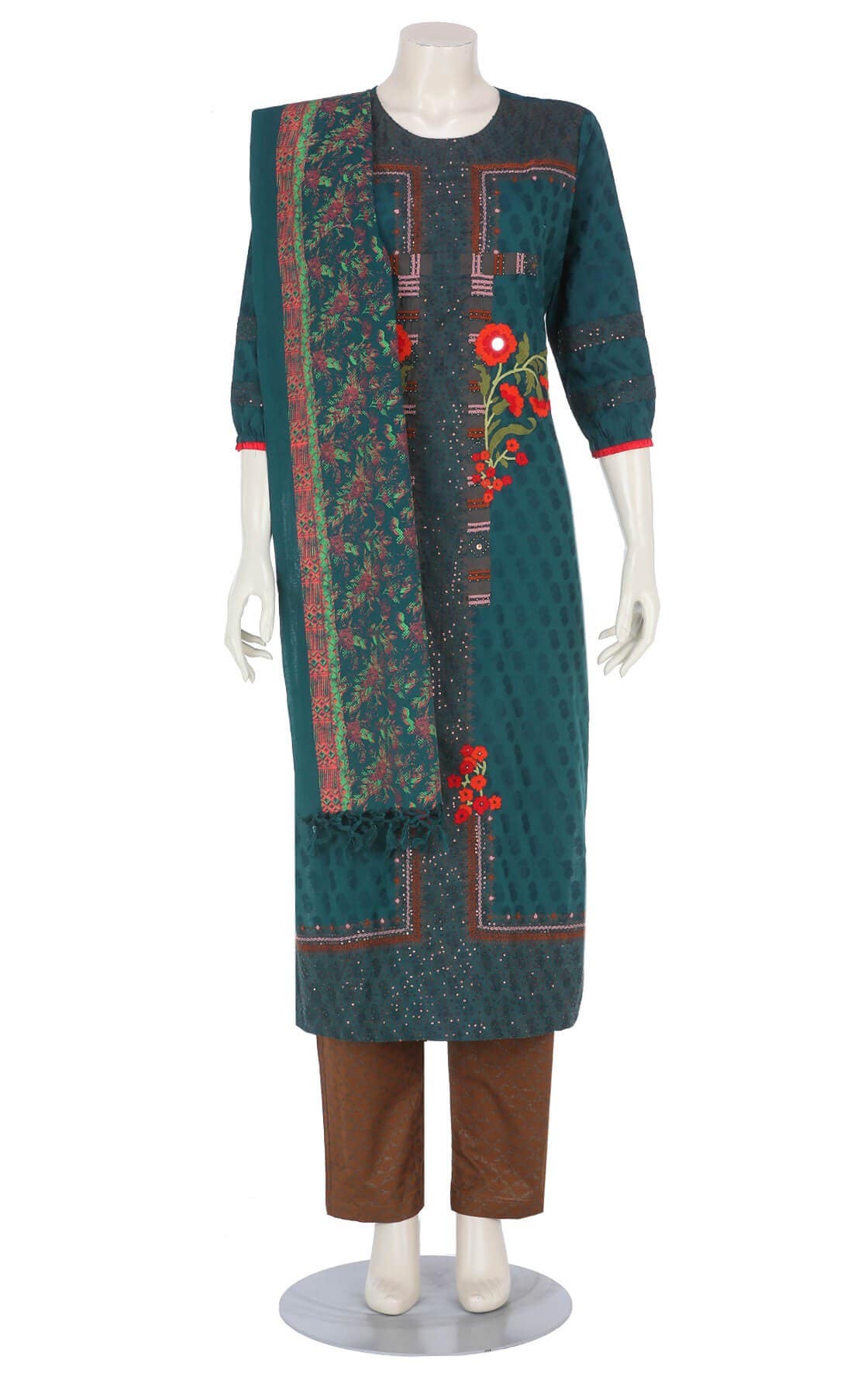 Peacock Blue Printed and Embroidered Viscose-Cotton Shalwar Kameez Set
