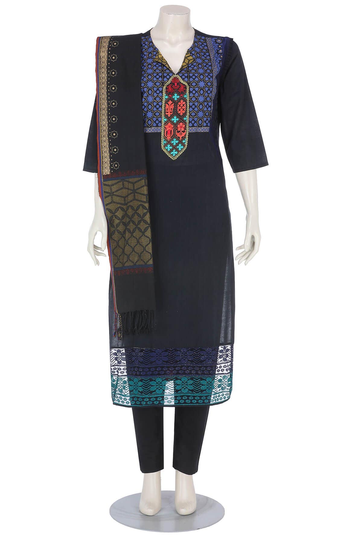 Midnight Blue Printed and Embroidered Hand Loomed Cotton Shalwar Kameez Set