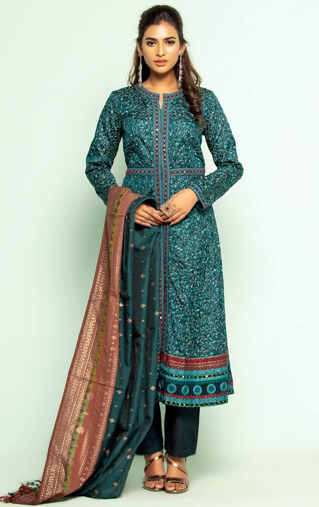 Teal Printed and Embroidered Silk Shalwar Kameez Set