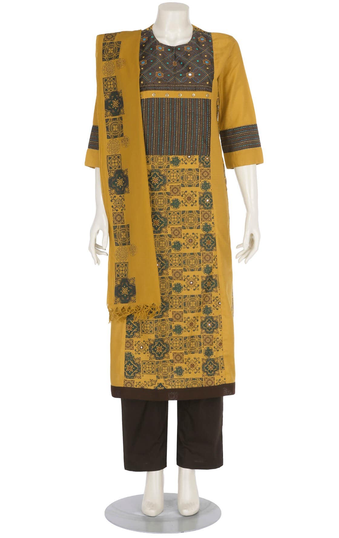 Yellow Printed and Embroidered Viscose-Cotton Shalwar Kameez Set