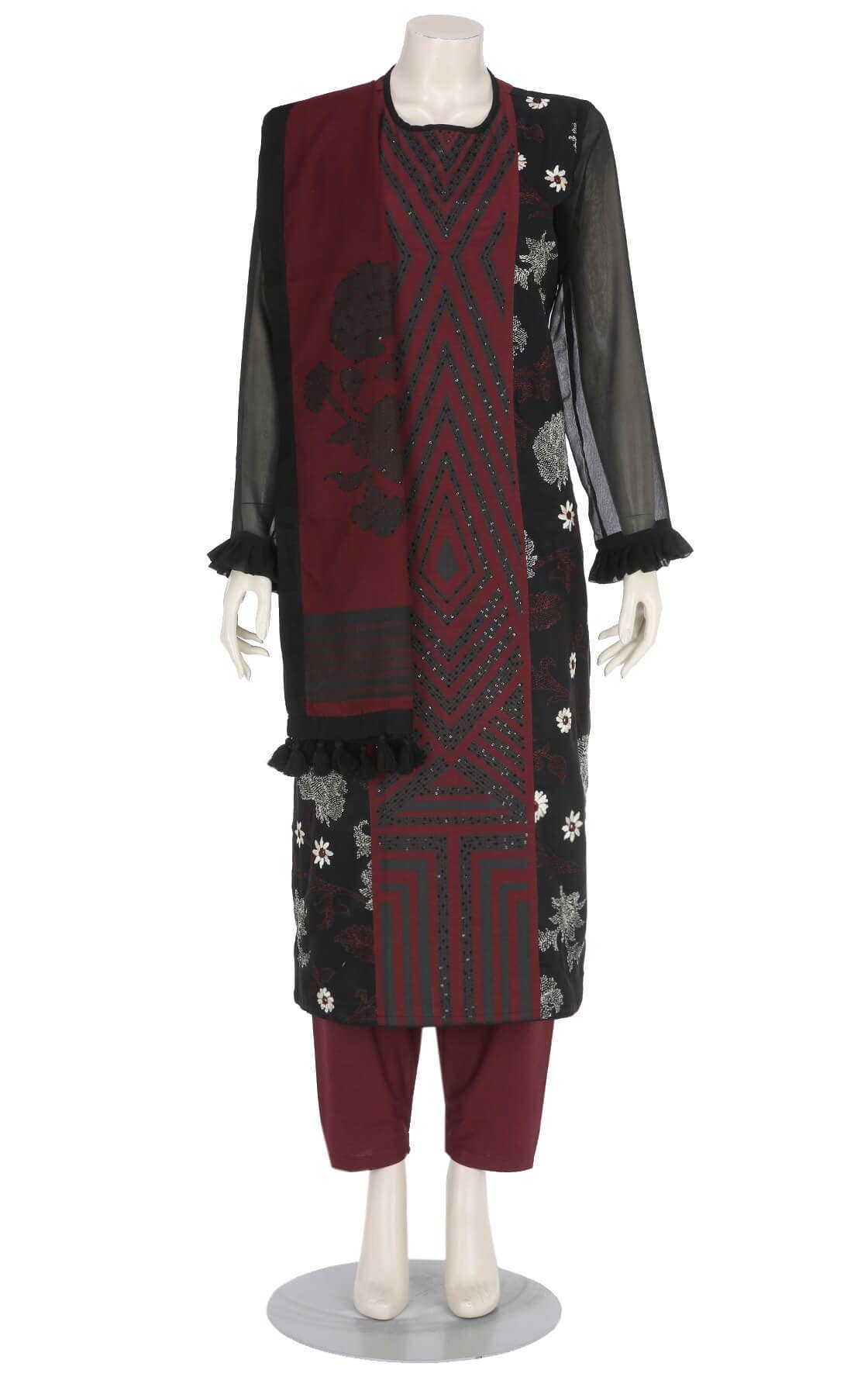 Black Printed and Embroidered Viscose-Cotton Shalwar Kameez Set