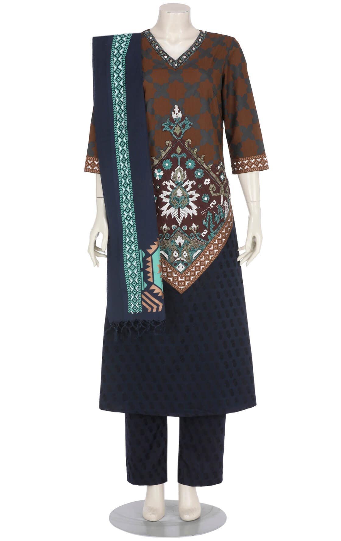 Brown Printed and Embroidered Viscose Shalwar Kameez Set