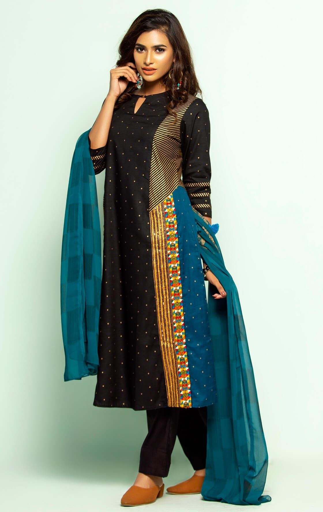 Black Printed and Embroidered Viscose-Cotton Shalwar Kameez Set