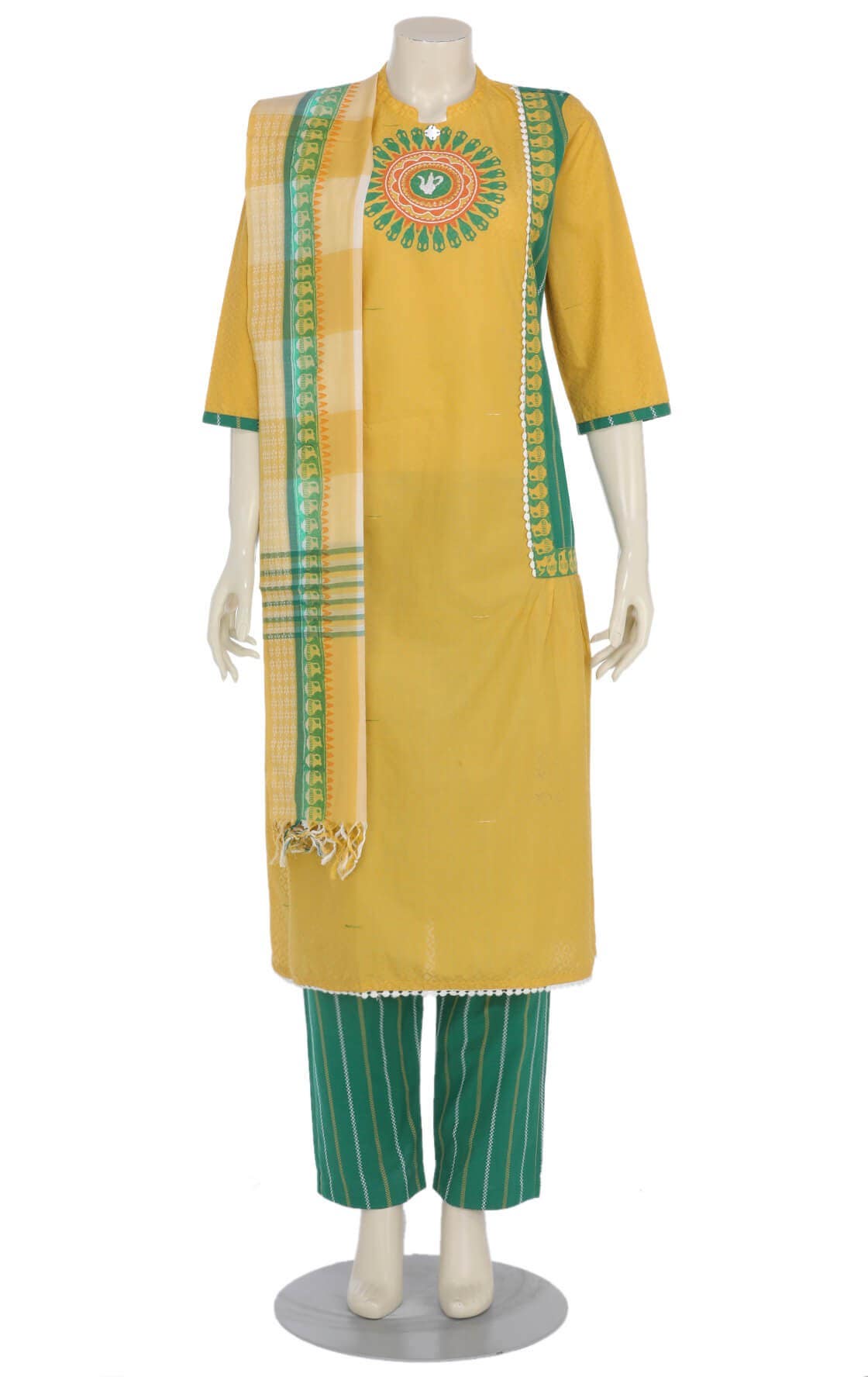 Yellow Printed and Embroidered Hand Loomed Cotton Shalwar Kameez Set