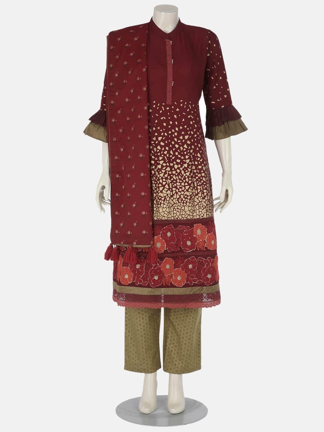 Maroon Printed and Arri Embroidered Viscose-Cotton Shalwar Kameez Set