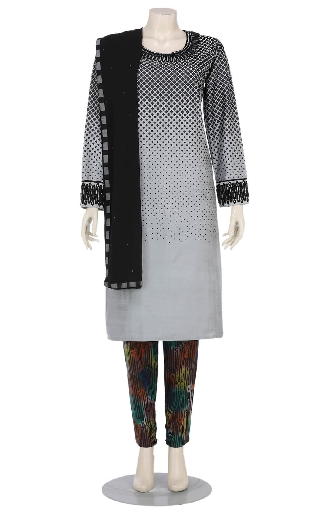Grey Printed and Embroidered Joysree Silk Shalwar Kameez Set