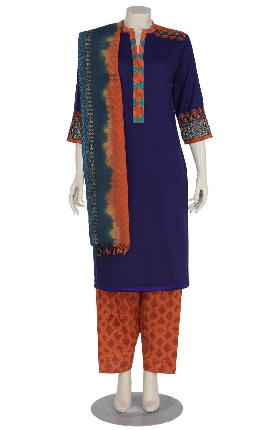 Purple Wax Dyed and Erri Embroidered Viscose Shalwar Kameez Set