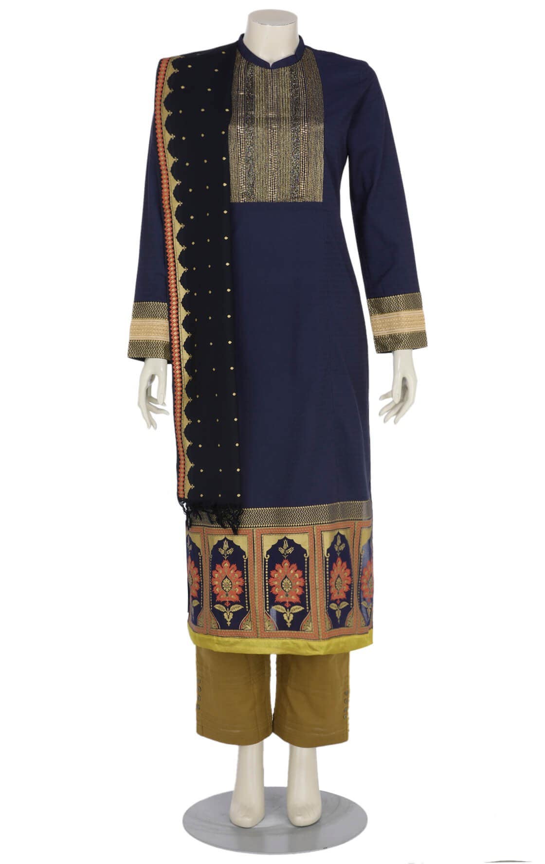 Midnight Blue Printed and Erri Embroidered Viscose-Cotton Shalwar Kameez Set