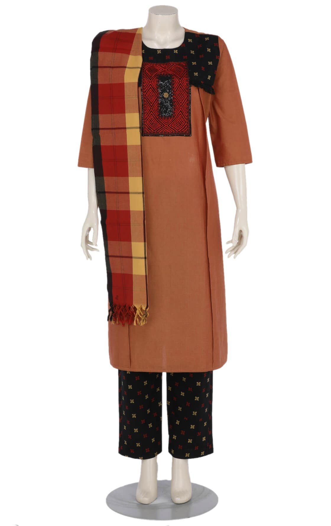 Red Dual Tone Embroidered Hand Loomed Cotton Shalwar Kameez Set