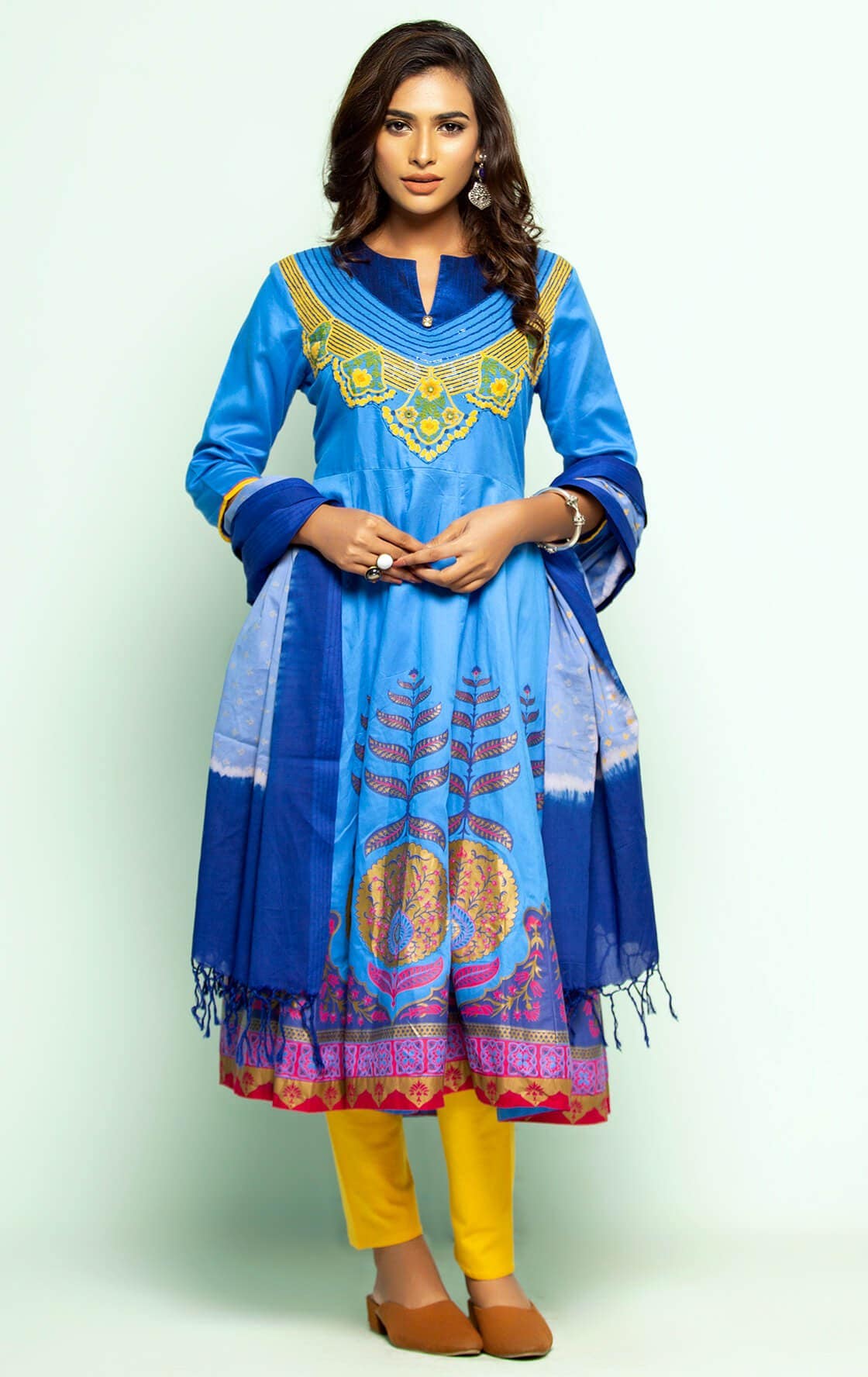 Blue Printed and Embroidered Cotton-Viscose Shalwar Kameez Set