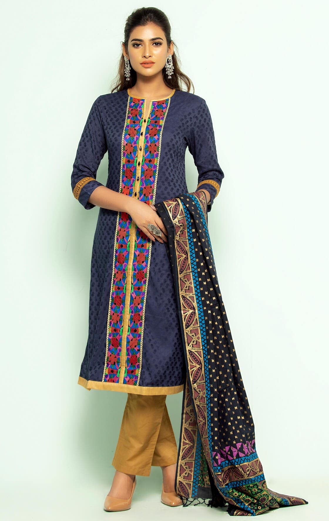 Midnight Blue Printed and Embroidered Viscose-Cotton Shalwar Kameez Set