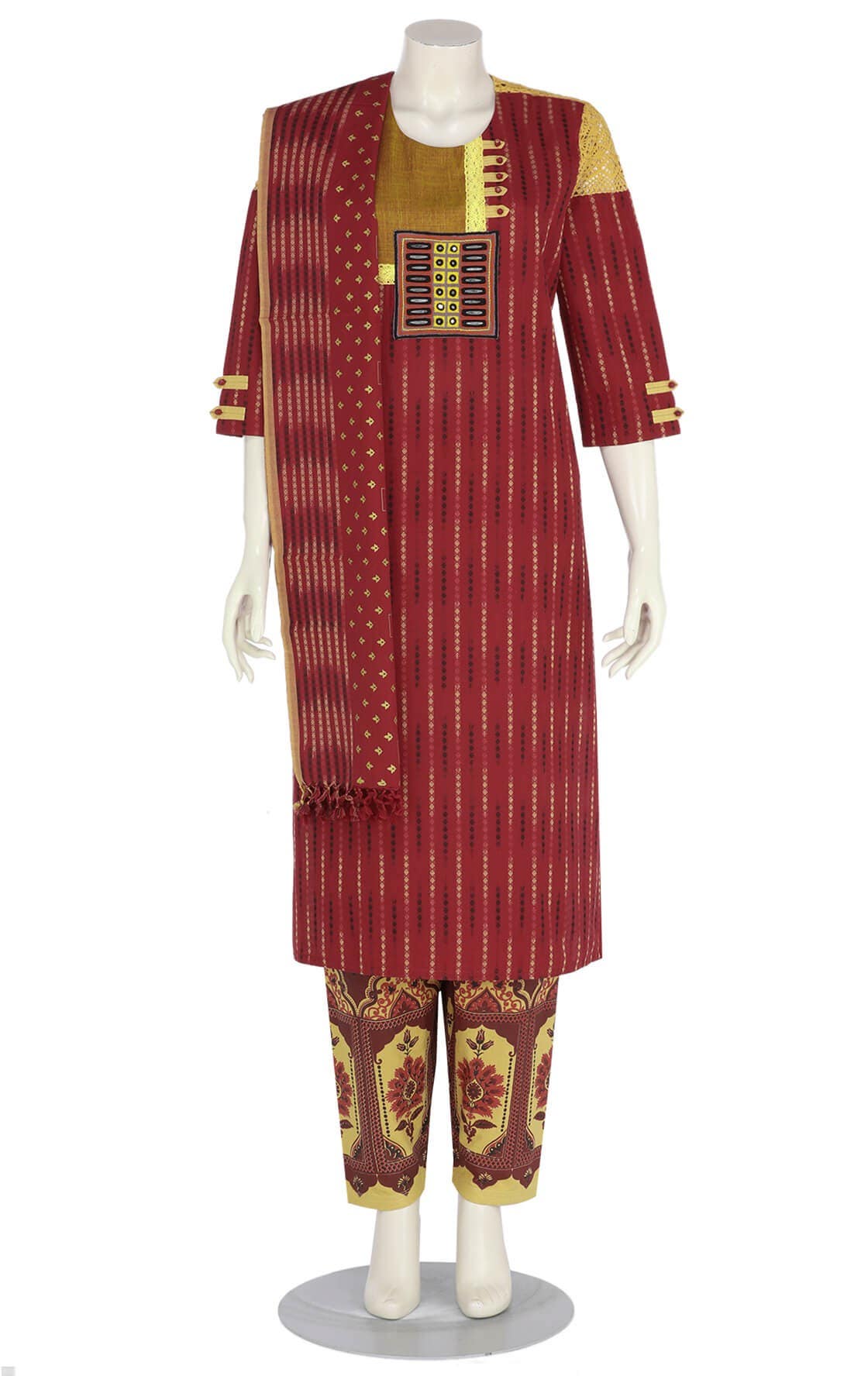 Red Printed and Embroidered Hand Loomed Cotton Shalwar Kameez Set