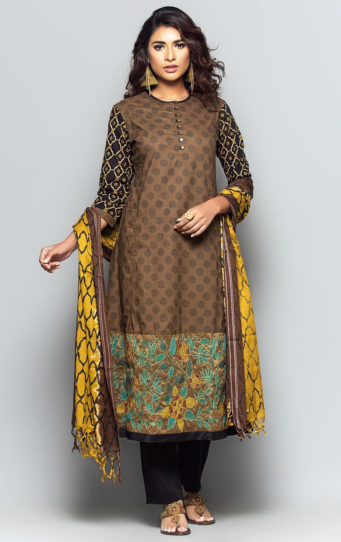 Brown Printed and Embroidered Viscose-Cotton Shalwar Kameez Set