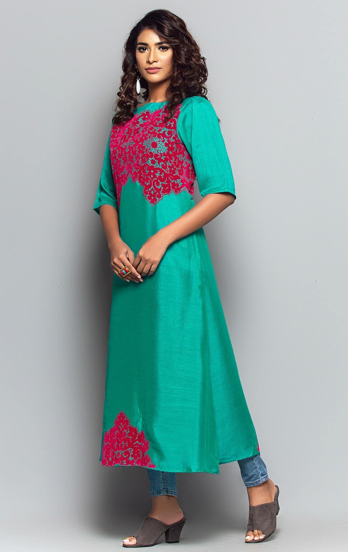 Turquoise Printed Silk Kurta
