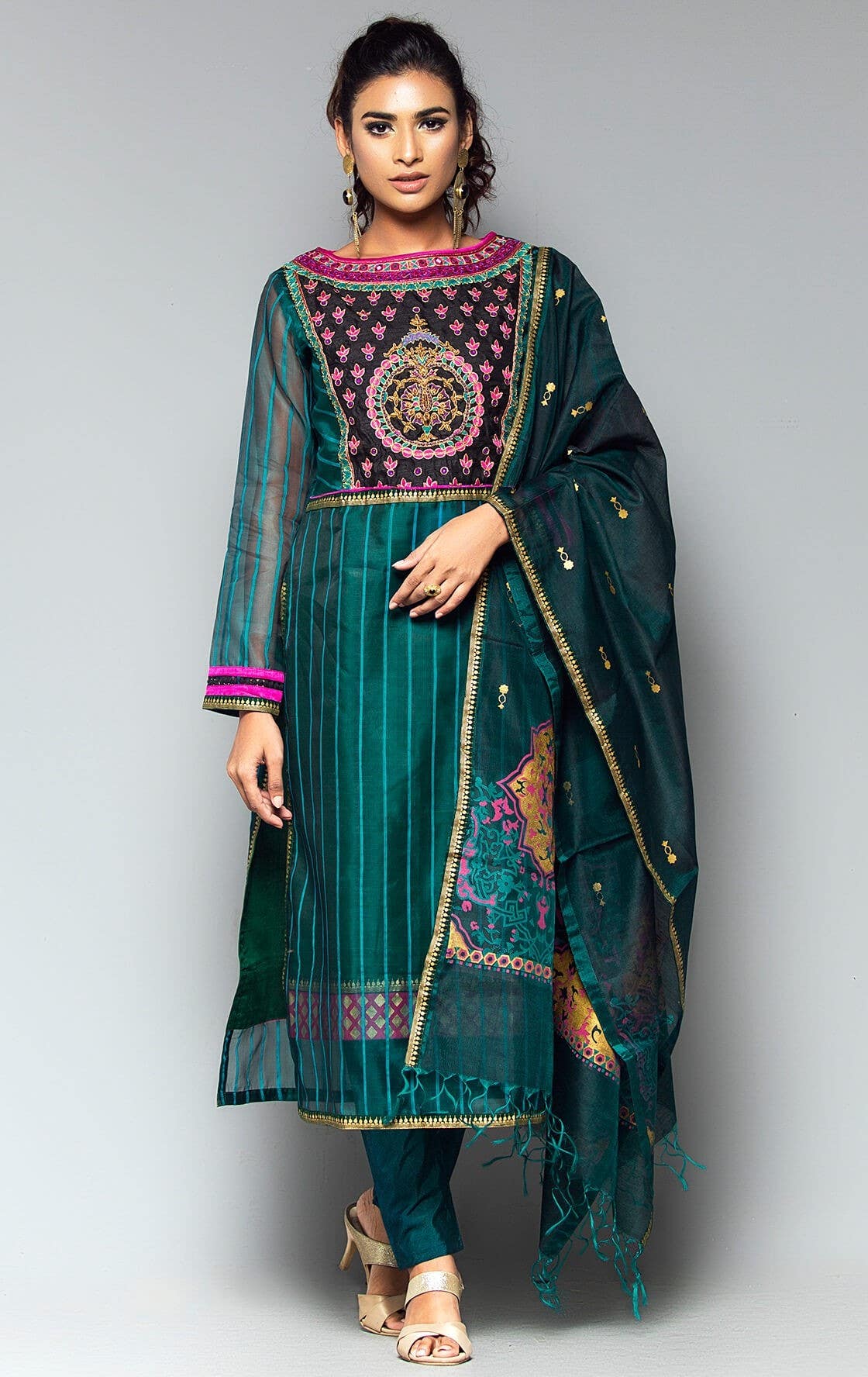 Teal Printed and Erri Embroidered Muslin Shalwar Kameez Set
