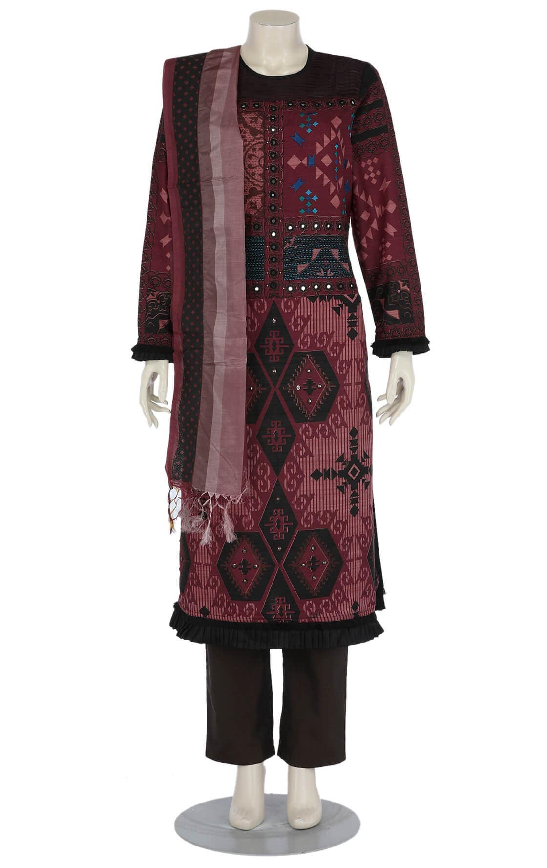 Deep Maroon Printed and Embroidered Endi Silk Shalwar Kameez Set