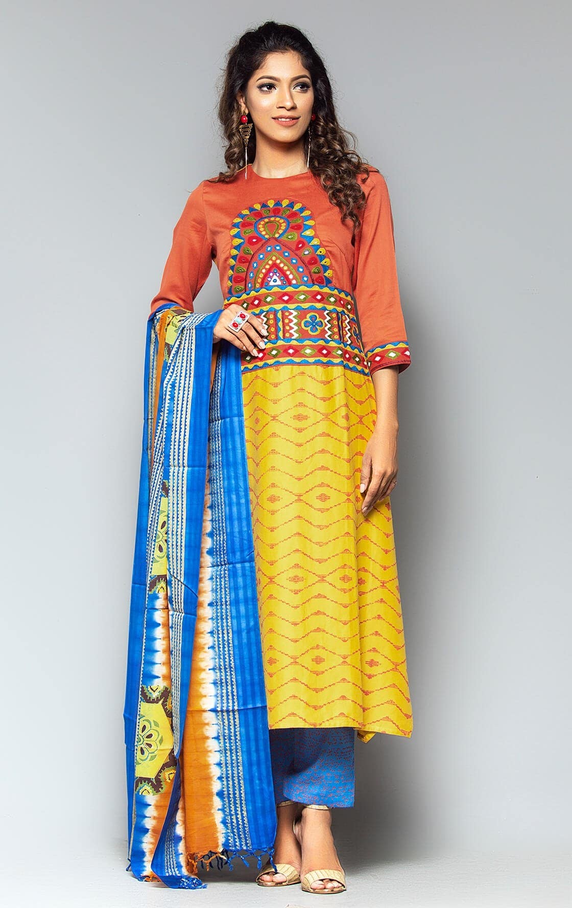 Yellow Chrome Printed and Embroidered Viscose-Cotton Shalwar Kameez Set