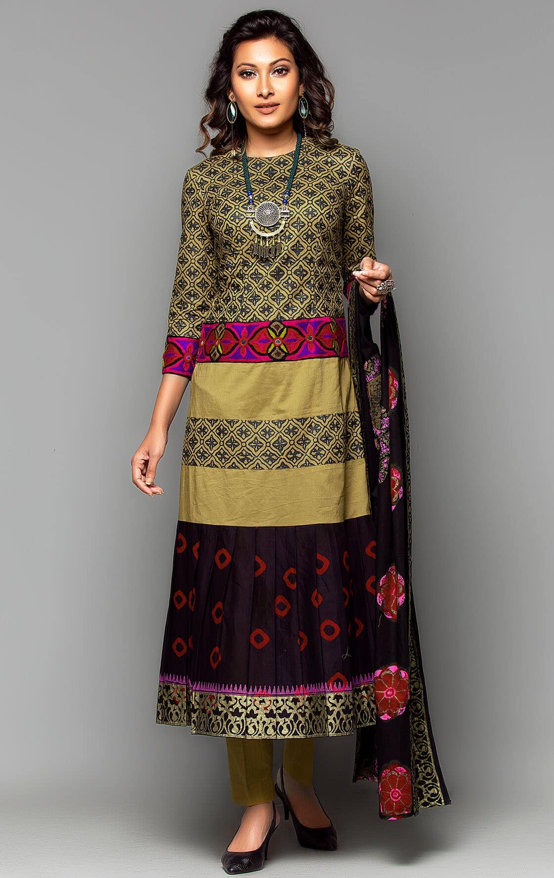 Brown Tie-Dyed and Embroidered Cotton Shalwar Kameez Set