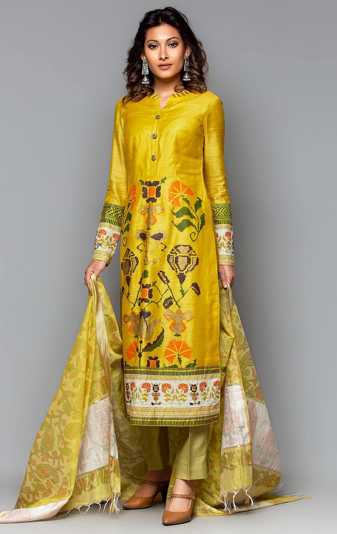 Yellow Printed and Embroidered Tussar Silk Shalwar Kameez Set
