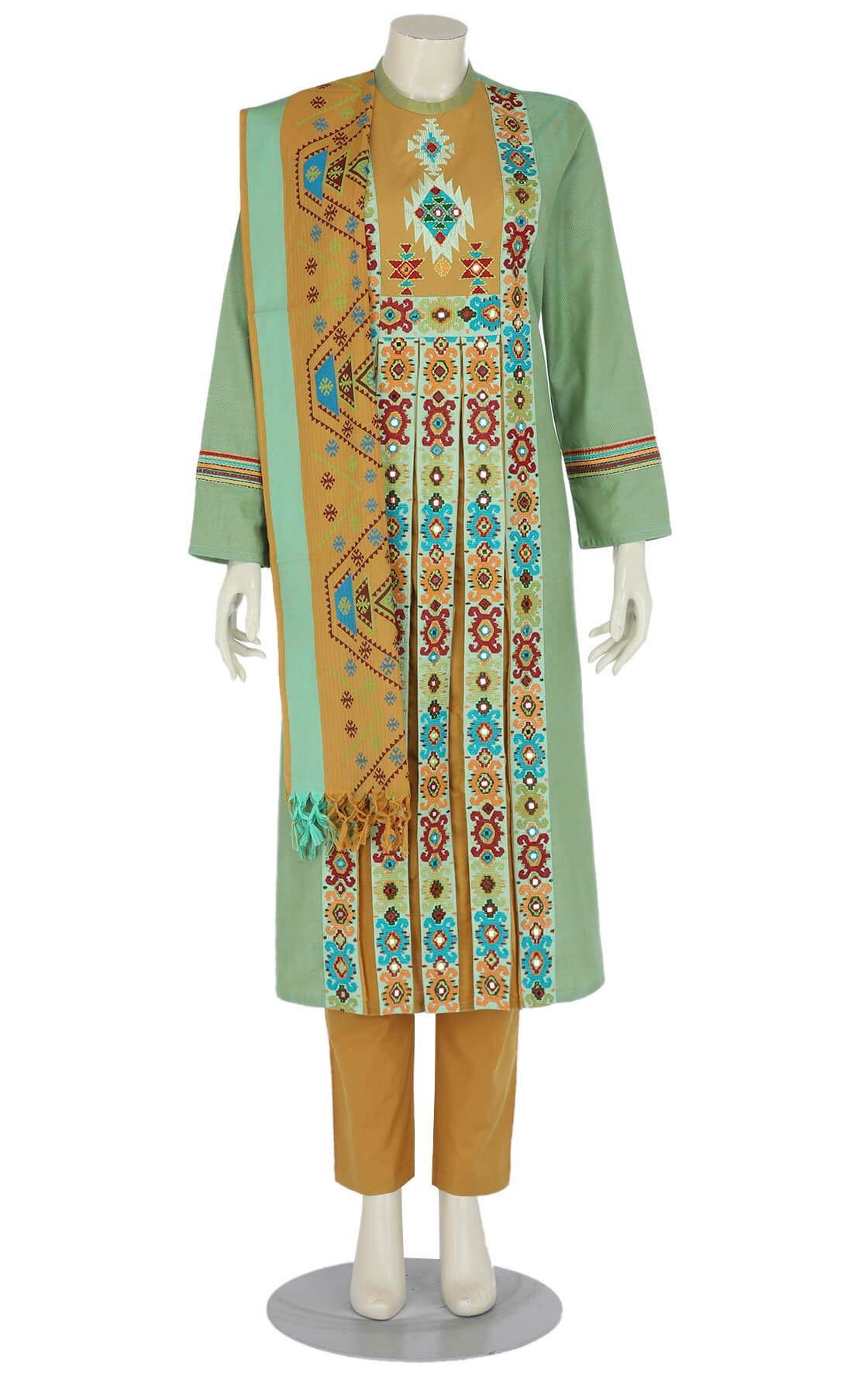 Mint Green Dual Tone Printed and Embroidered Viscose-Cotton Shalwar Kameez Set