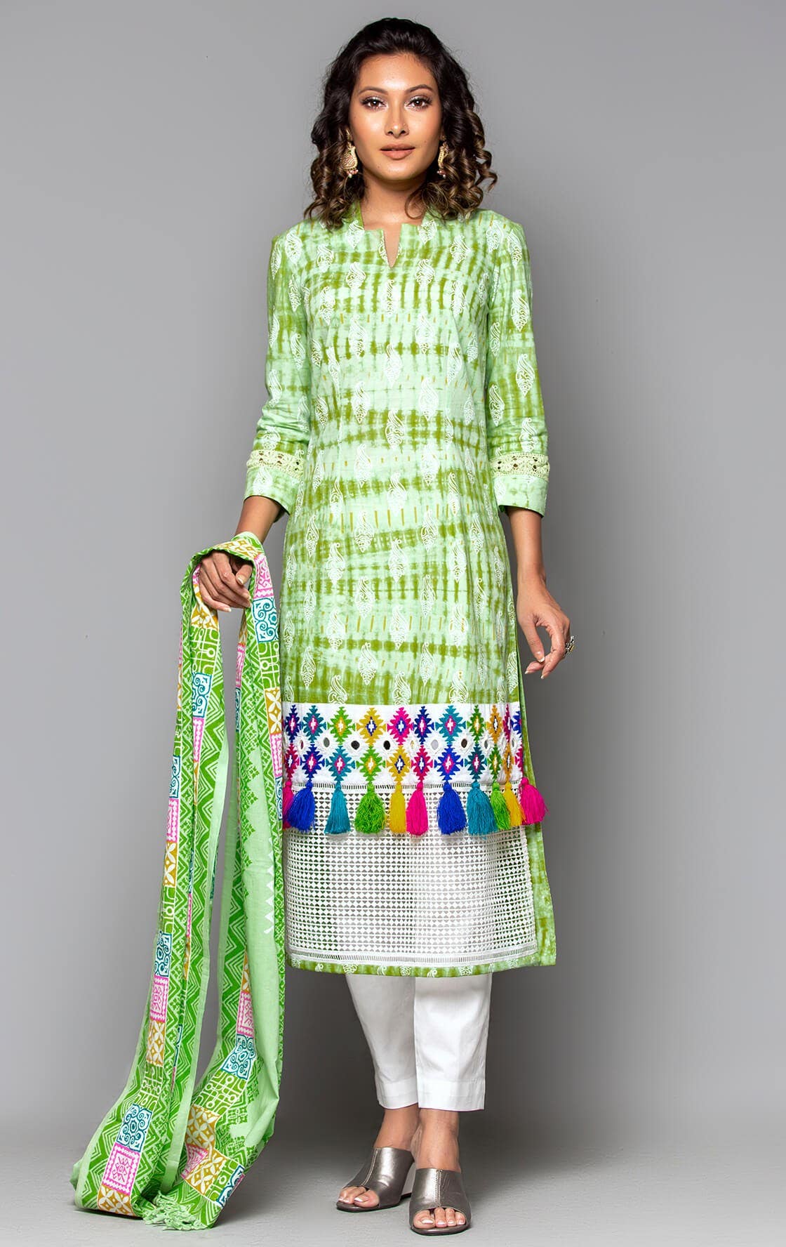 Pastel Green Tie-Dyed, Printed and Embroidered Cotton Shalwar Kameez Set