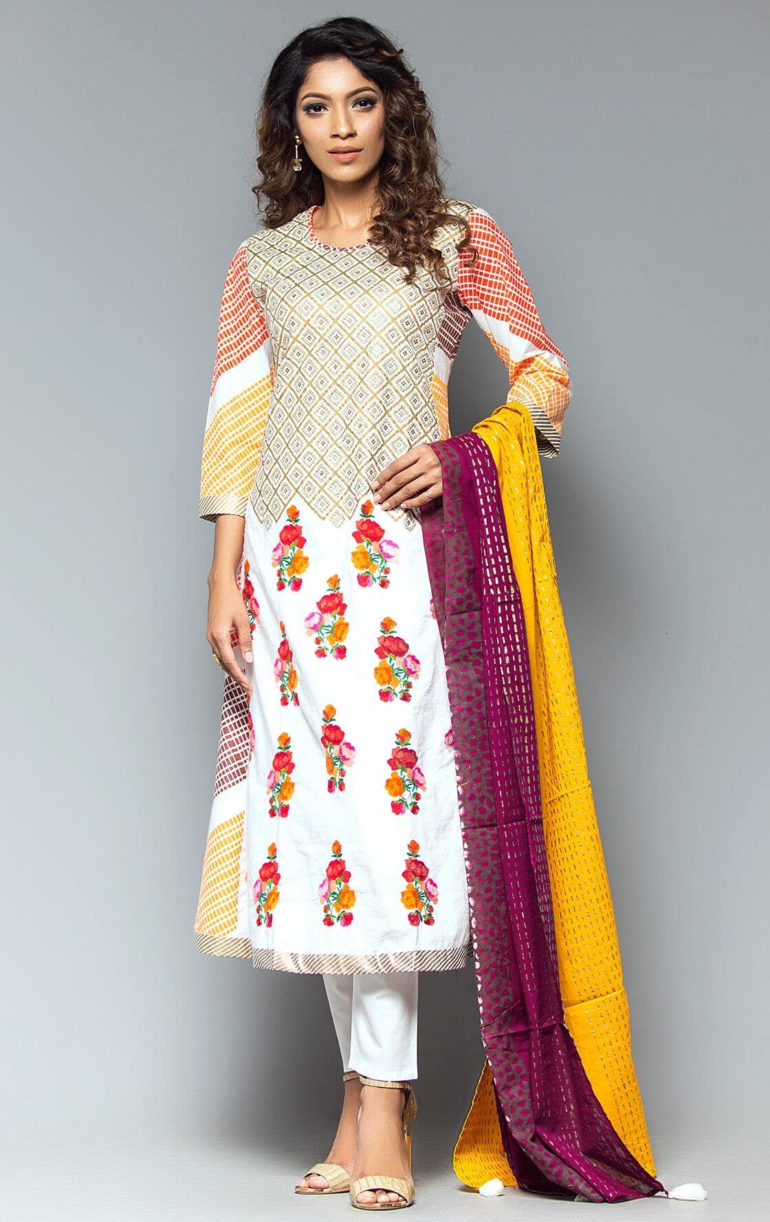 White Printed and Embroidered Cotton Shalwar Kameez Set