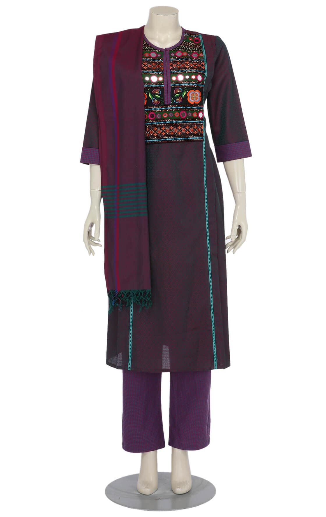 Green Dual Tone Embroidered Cotton Shalwar Kameez Set