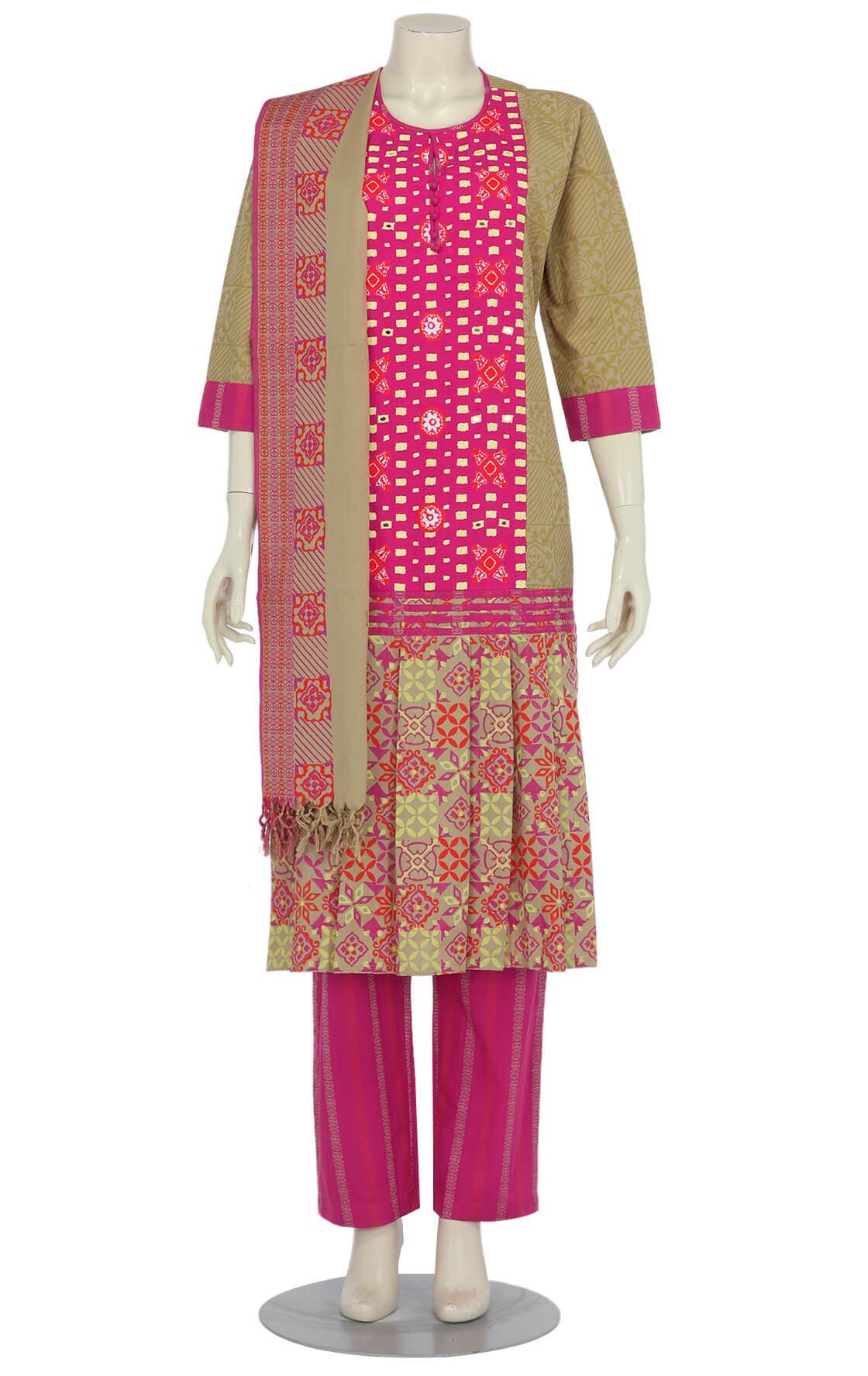 Beige Printed and Embroidered Hand Loomed Cotton Shalwar Kameez Set