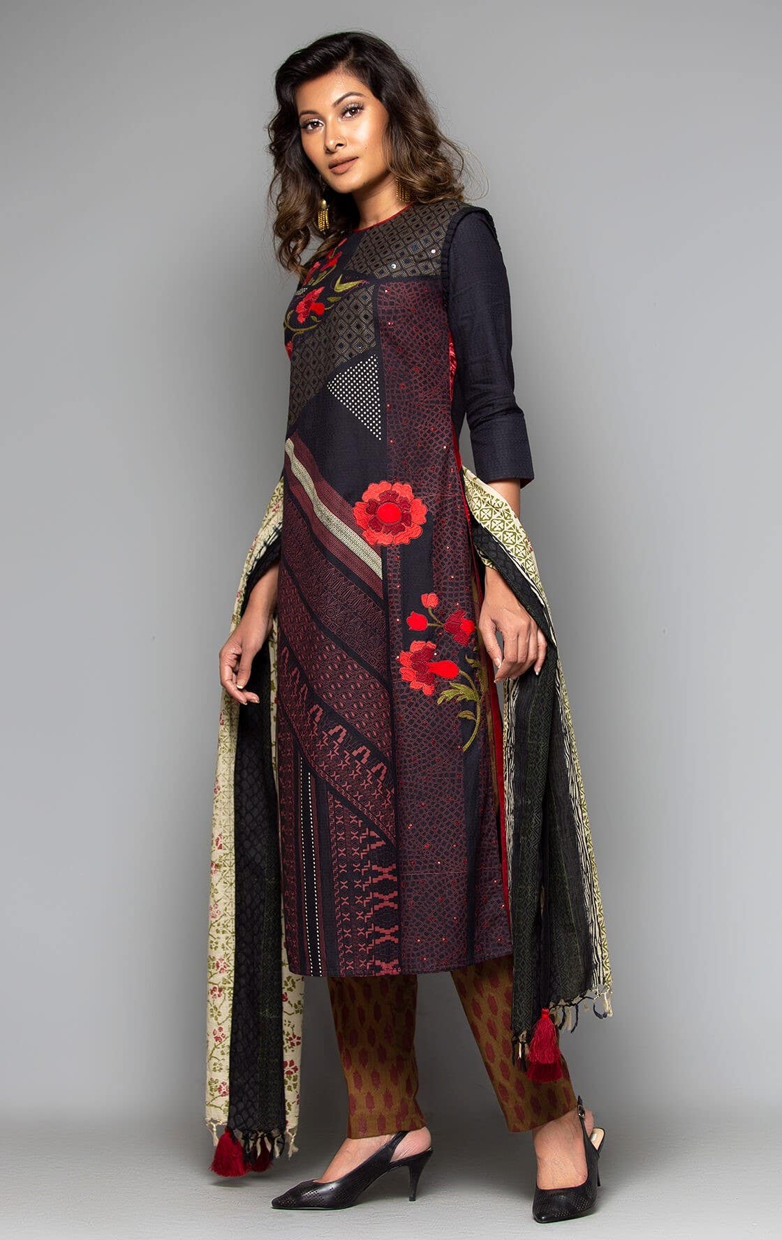 Black Printed and Embroidered Viscose-Cotton Shalwar Kameez Set